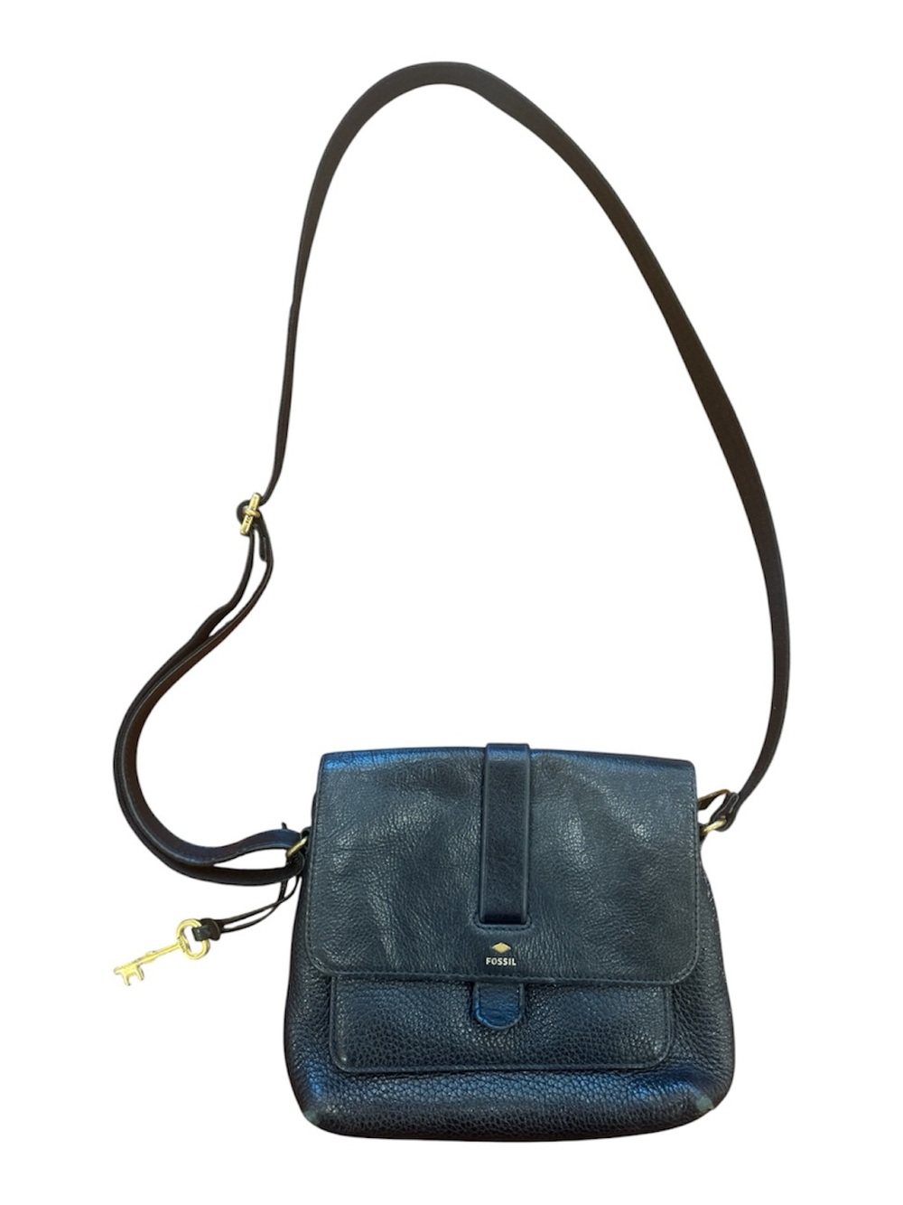 Fossil Black Leather Crossbody Bag Gold Hardware Key Charm